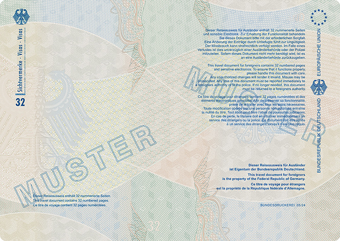 Abbildung der Passbuchinnenseite 32 und des Vorsatzes des hinteren Einbands des Reiseausweises für Ausländer