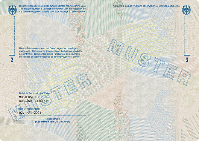 Abbildung der Passbuchinnenseiten 2 und 3 des Reiseausweises für Flüchtlinge