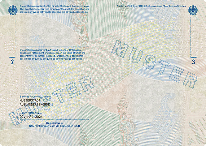 Abbildung der Passbuchinnenseiten 2 und 3 des Reiseausweises für Staatenlose