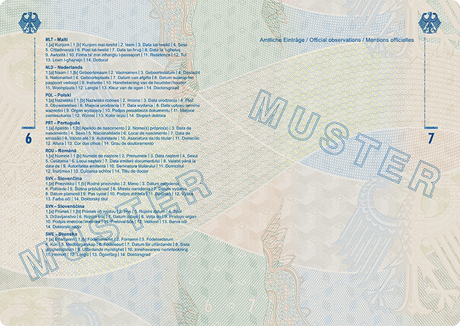 Abbildung der Passbuchinnenseiten 6 und 7 des Reiseausweises für Staatenlose